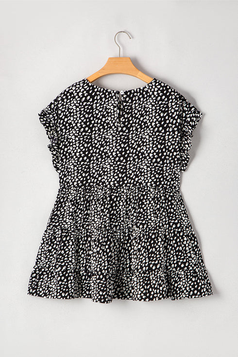 Black Leopard Print Ruffled Short Sleeve Keyhole Back Tiered Flowy Plus Size Blouse